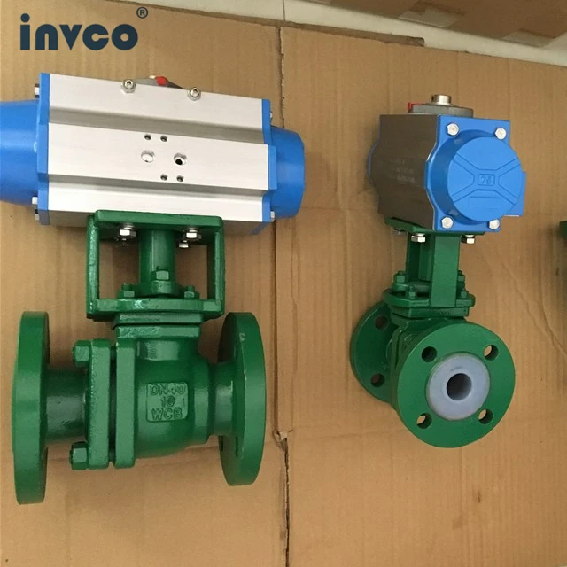 INVCO Fluorine lined ball valve with pneumatic actutor ,fluorine ball valve with flange end