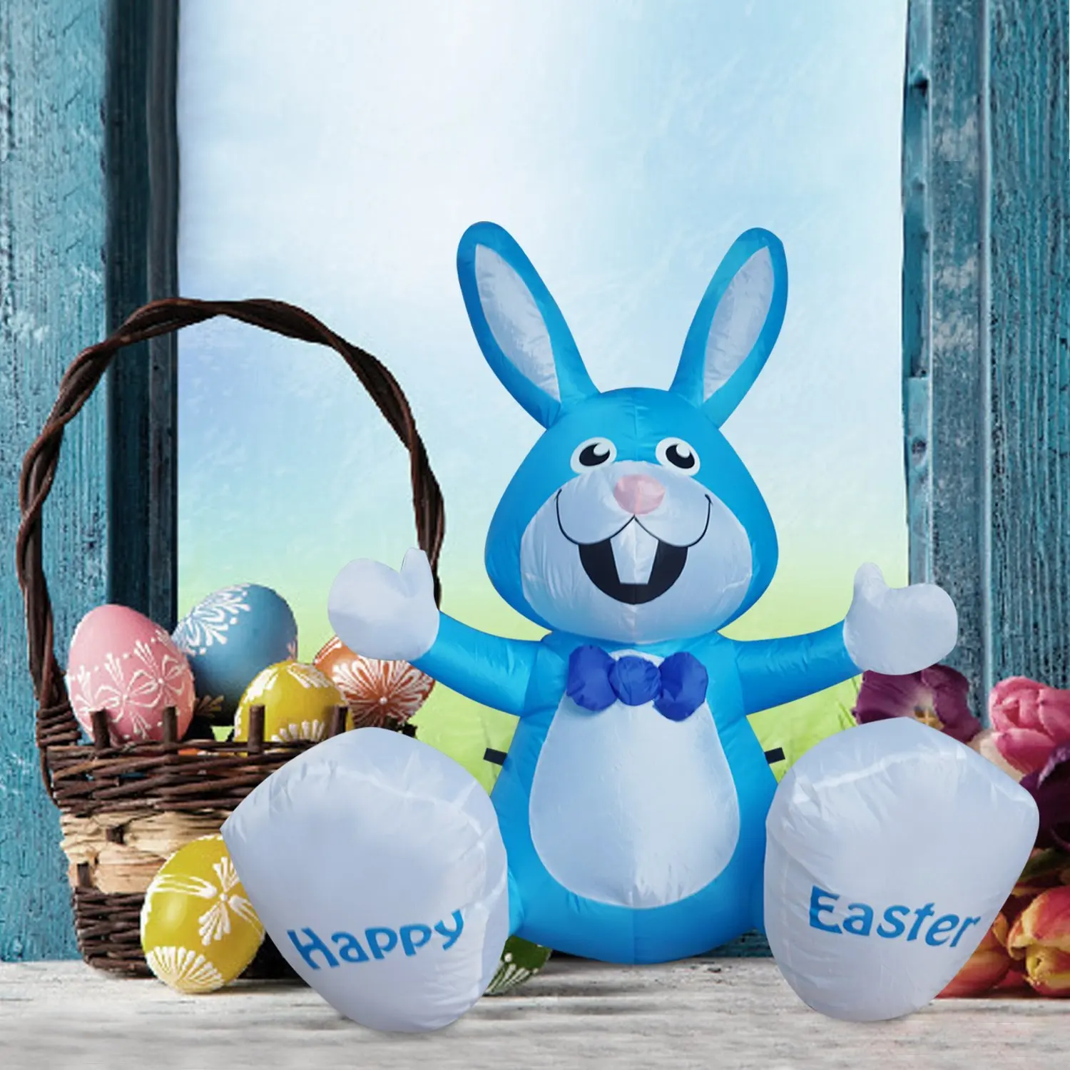 SEASONBLOW 8 FT LED Light Happy Easter Inflatable Bunny with Basket and Col...
