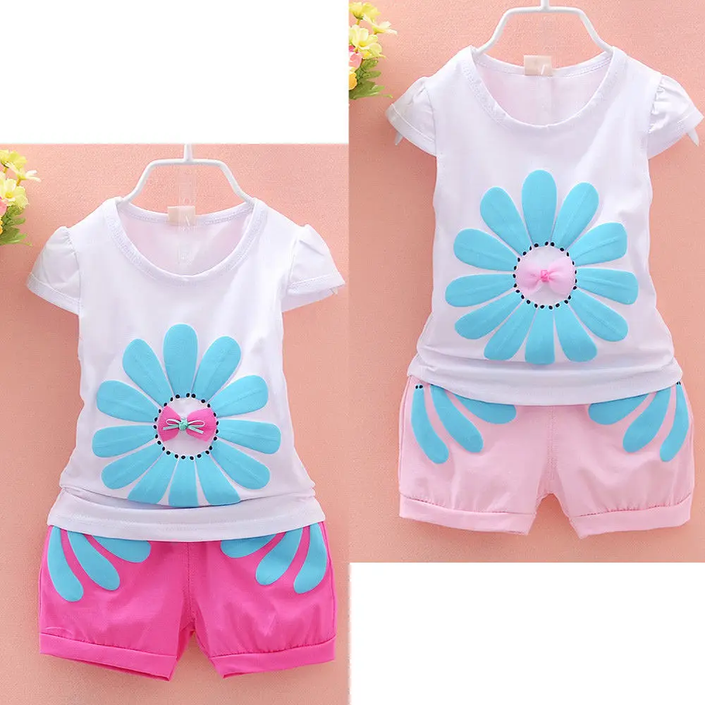 2pcs clothing set fashion kids baby girls beauty sunflower short sleeve tops floral shorts outfits for