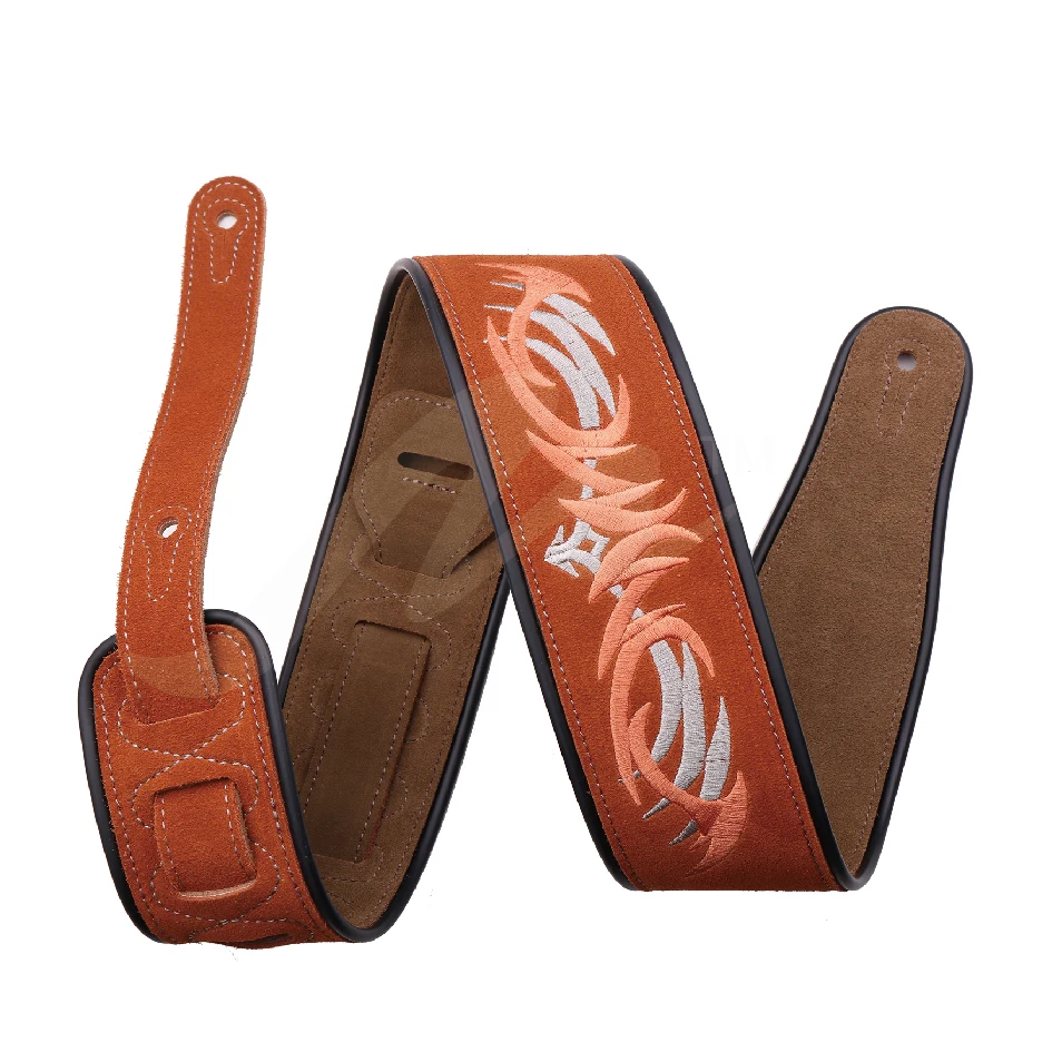Custom Fancy Brown And White Embroidered Pattern Leather Guitar Strap
