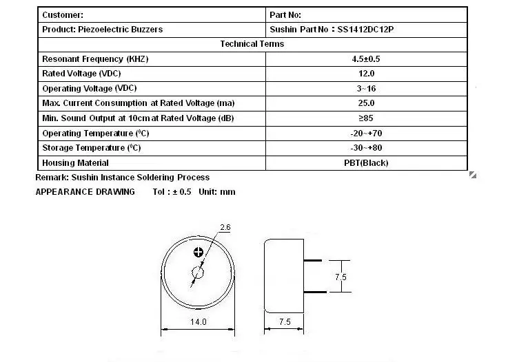 Ss1412dc12/p Polarity Best Quality Vibration Price Of Piezo Buzzer