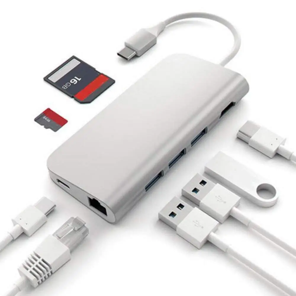 Aluminium 8 in 1 USB -C USB 3.1 Type C Hub to HDMI + Type C + Rj45 Ethernet + SD/Micro Card Reader+ 3 Ports USB 3.0 Hub (gray)