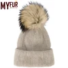 Myfur Wool Blended Plain Knitting Beanies Hats with Fur Bobble on Top