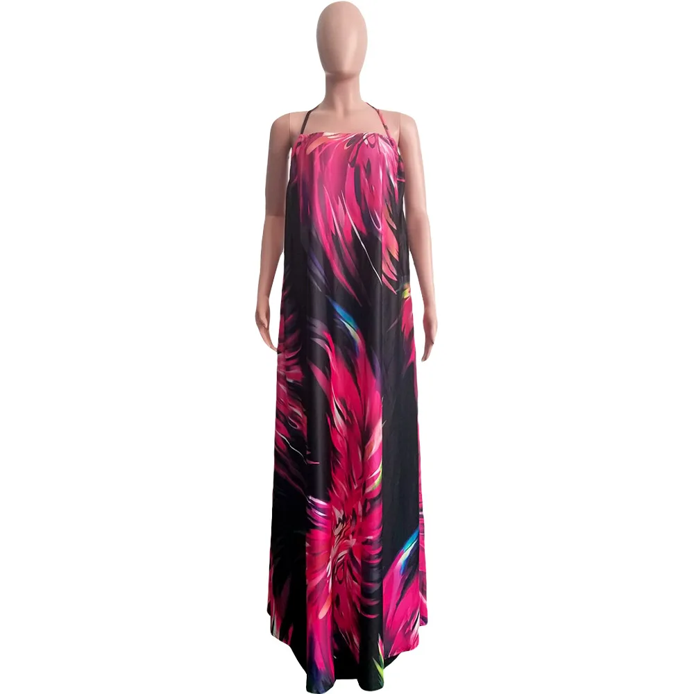 Ecowalson S3505 Women's Off-Back Sexy Sleeveless Digital Printing Floral Hanging Neck Mopping Long Dress S-3XL