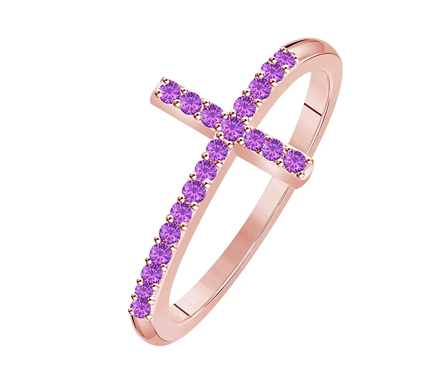 Hot Sale !!! Women's Cross Lab Created Amethyst Thin Stackable 14K Rose Gold Plated Sideways Cross Ring (Size 4 - 11)