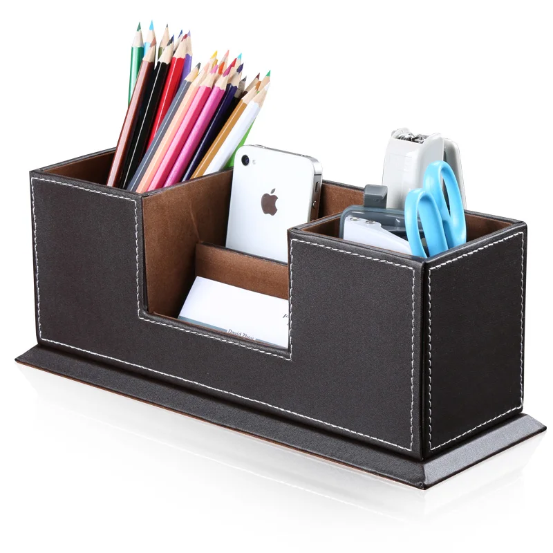 Office School Stationery Desk Organizer Faux Leather Storage Pen holder