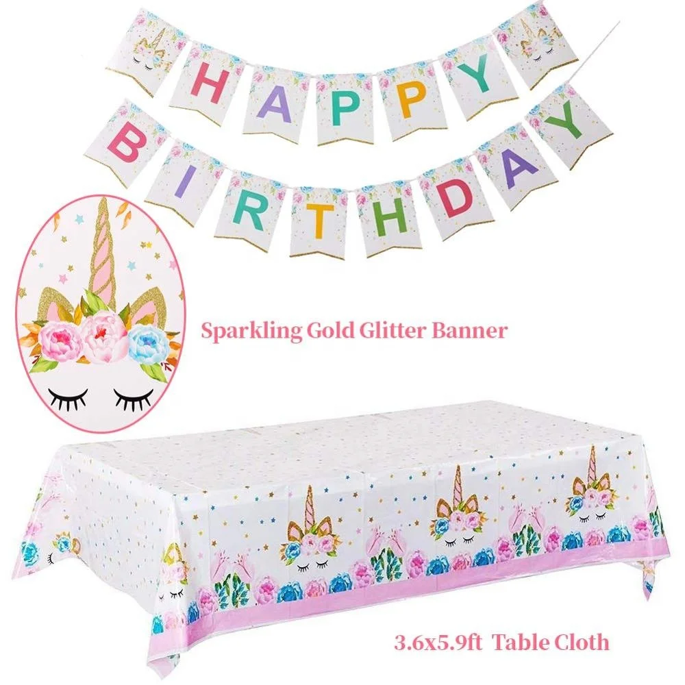 146 Piece Cups and Napkins FIG PARTY SUPPLIES AB-135 Unicorn Themed Serves 16 Party Plates Bonus Happy Birthday Banner and Table Cloth 
