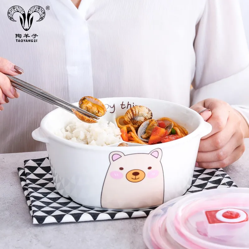 Round Shape Ceramic Lunch Box With Silicone Attached Lid Container