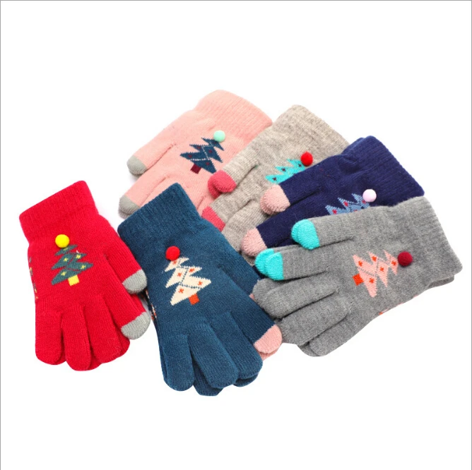 Children Screen Winter Gloves For Baby Girls Warm Wool Full Finger Knitted Glove