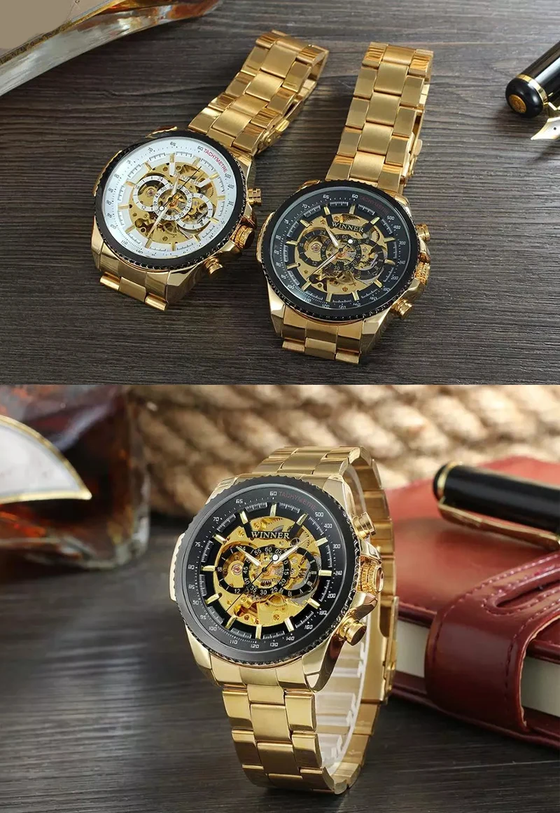 WINNER Mechanical Watch Fashion Gold Skeleton Men's Watch Top Brand Luxury  Men's Stainless Steel Automatic Clock | Lazada