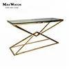 long narrow glass top cross metal base hall gold entryway table