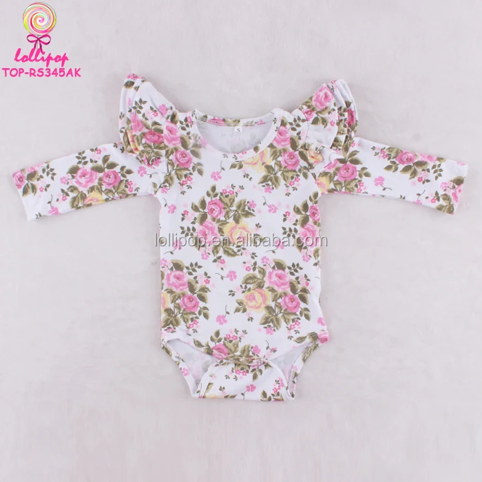 Wholesale Baby Girl Flutter Long Sleeve Romper Floral Cotton Triple