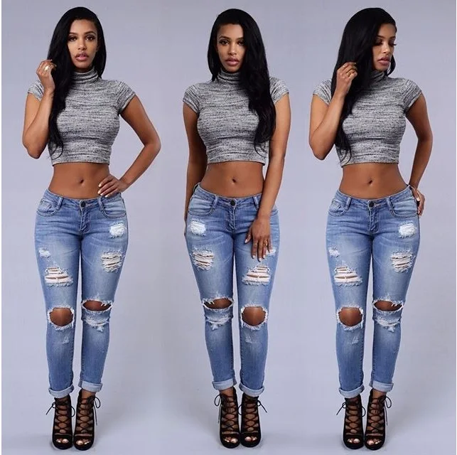 Moda Calças Lápis Buraco Jeans Mulher Skinny Rasgado Para As Moda Calças Lápis Buraco Jeans Mulher Skinny Rasgado Para As Mulheres Da Menina Denim