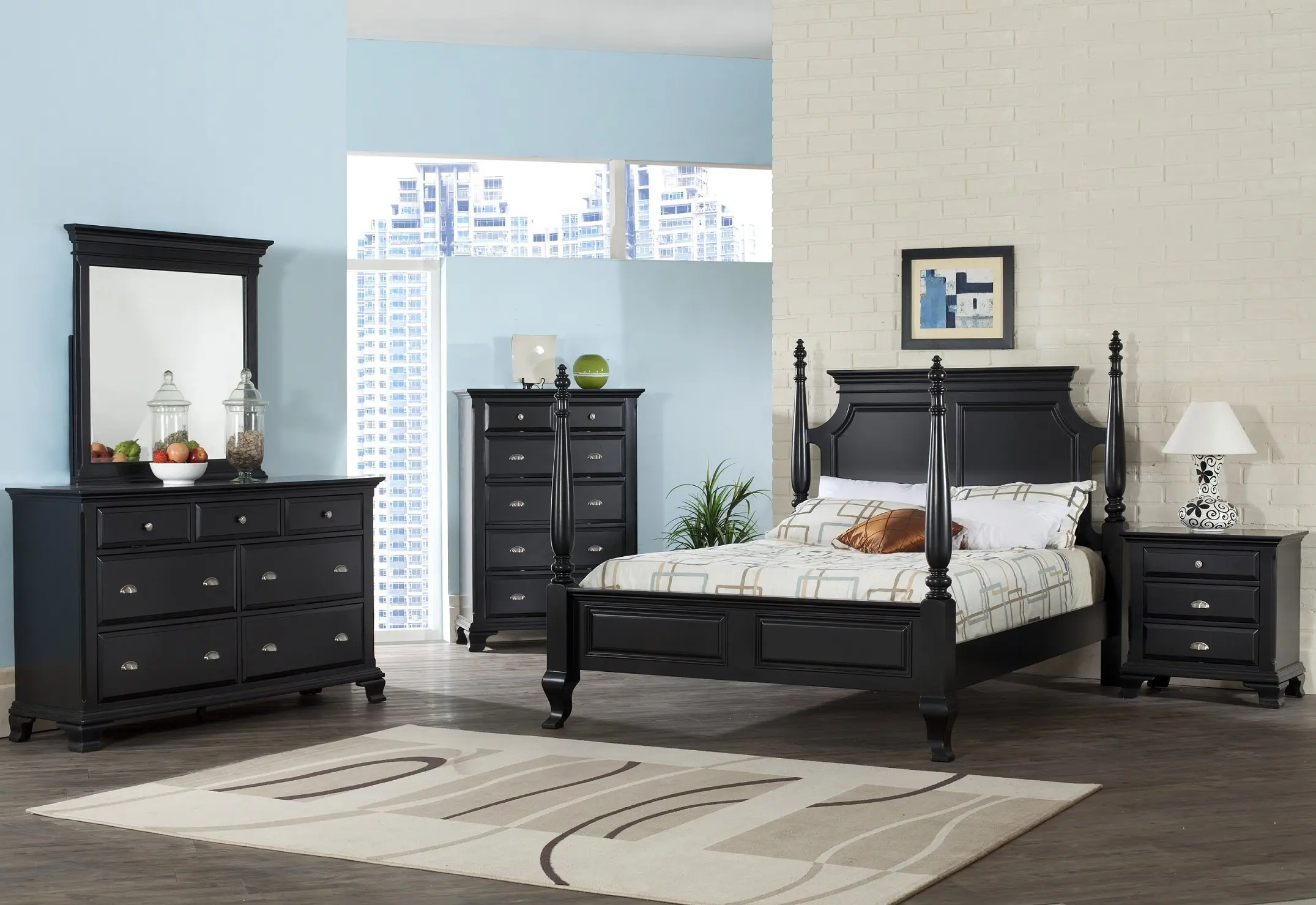 Buy Roundhill Furniture Laveno 011 Black Wood Bedroom Furniture Set Includes King Poster Bed Dresser Mirror And Night Stand In Cheap Price On M Alibaba Com