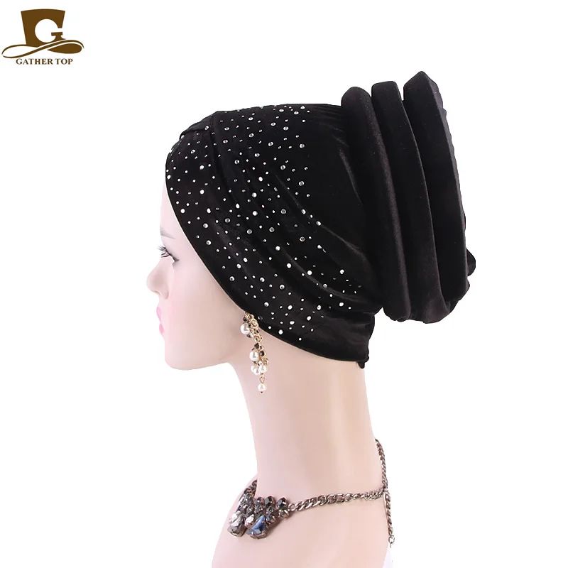 New Arrival Women Muslim Stretch Turban Rhinestone Velvet Hair Loss Head Scarf Wrap Arabic Hijab 8062