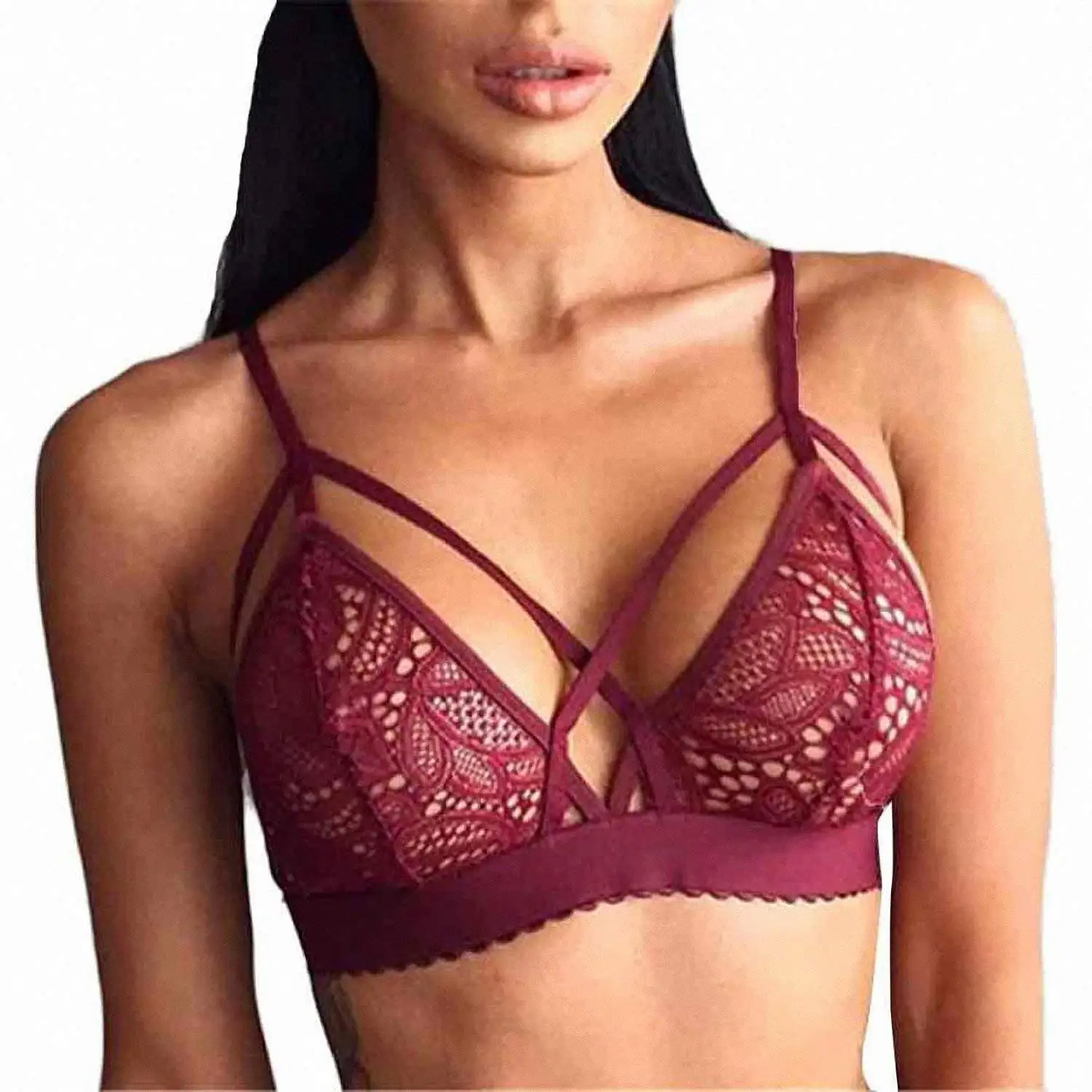 Smakke Women Sexy Crossing Crop Tops Floral Lace Bra Seamless Wireless Bustier