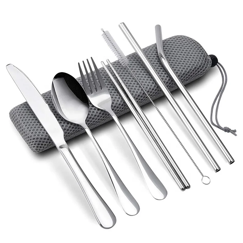 
Travel Utensils Upgraded Reusable Portable Travel Cutlery Set 9-Piece including Knife Fork Spoon Chopsticks Straw Brush 