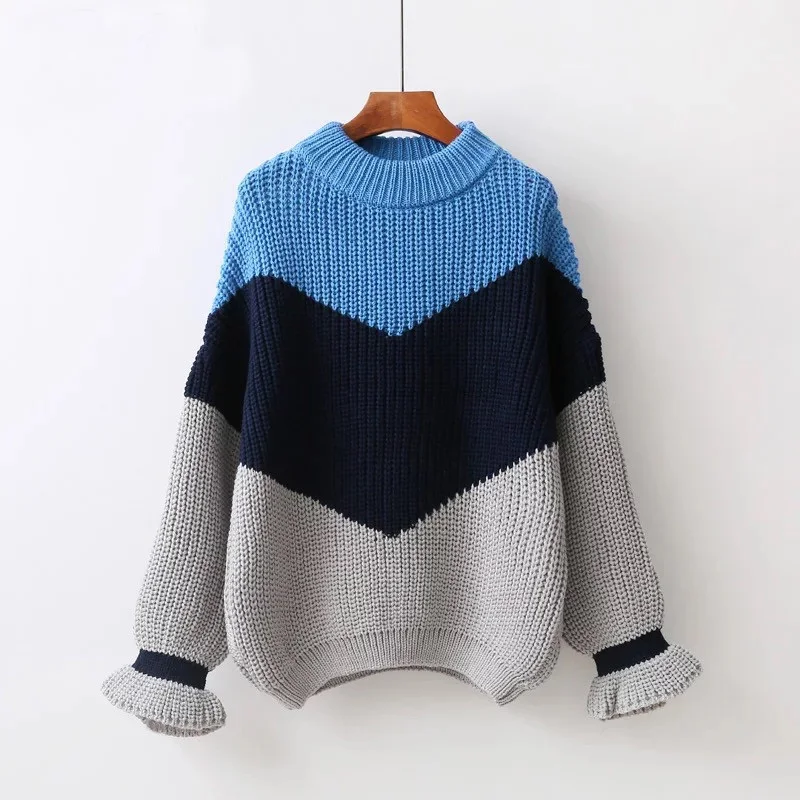 Korean Design Pullover Sweater Crew Neck Multicolour Ruffle 