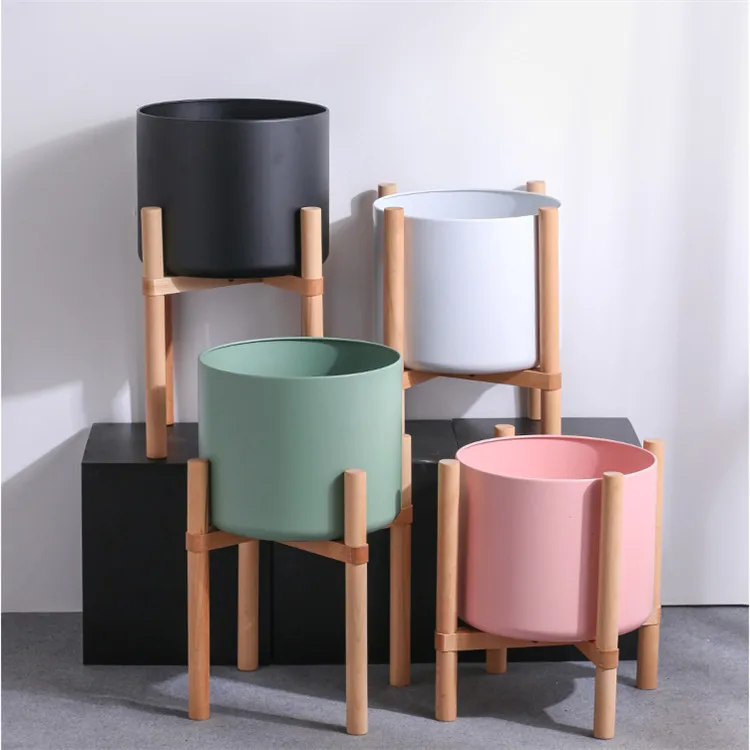 Cylinder High Quality Matte Garden Decor Indoor Wholesale Ceramic Larger Plant Pots With Wooden