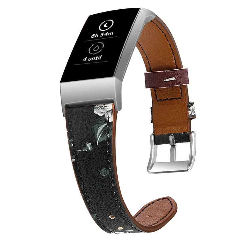 Printed Flower Replacement Genuine Leather Watch Band For Fitbit Charge 3