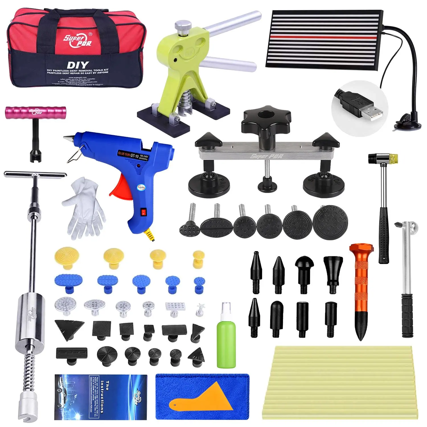 Get Quotations · Super PDR 58Pcs NEW Paintless Dent Repair Tools Silver Bridge Puller Green Dent Lifter Auto Body