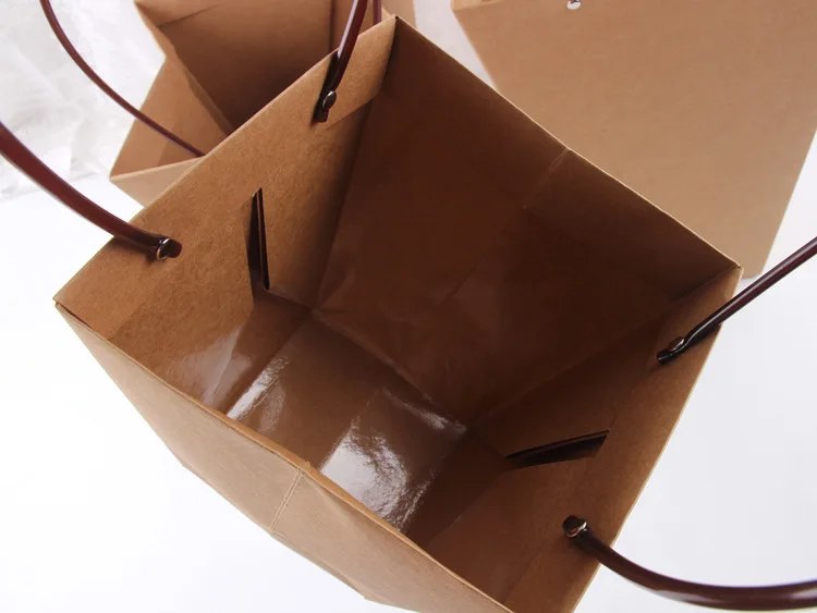 批发方形梯形形状盆栽植物玫瑰花包装防水携带棕色牛皮纸礼品袋与句柄