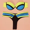 yellow and purple color block red jean demin bikini capri juice multi color swimwear swimsuit bathing suit beach wear wet suit