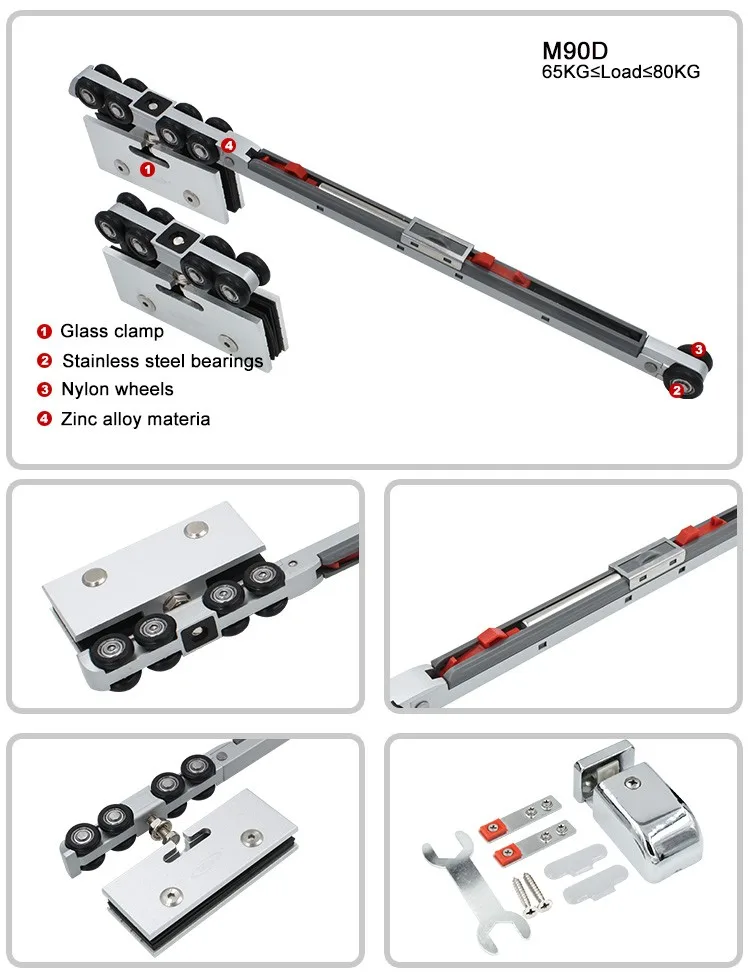 Double Soft Closing 8 Wheels 80kgs Loading Top Hanging Sliding Glass