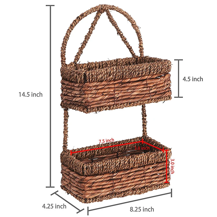 2 Tier Brown Seagrass Wall Hanging Organization Wicker Hanging Basket
