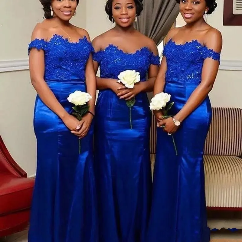 Zh0252x Royal Blue Bridesmaid Dresses Off Shoulder Beaded Lace Satin Mermaid Evening Dresses 4457