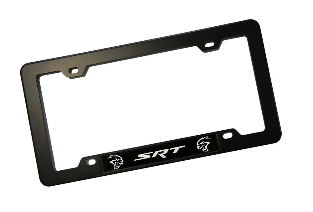 BLACK License PLATE Tag FRAME with SRT HELLCAT Street Racing Technology Aluminum Emblem Badge Nameplate Logo Decal Rare JDM for Dodge Challenger Charger Viper Neon Caliber Crossfire Firepower Super Bee Drag Pak Tomahawk Magnum Ram Chrysler 300C Nassau Jeep Grand Cherokee SRT-4 SRT-6 SRT-8 SRT-10