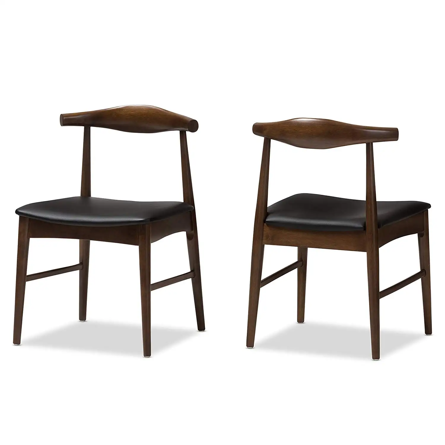 Baxton Studio Winton Mid-Century Modern Walnut Wood Dining Chair Set Qty 2/Mid-Century/Black/Medium Wood/Faux Leather/Rubber Wood/Foam