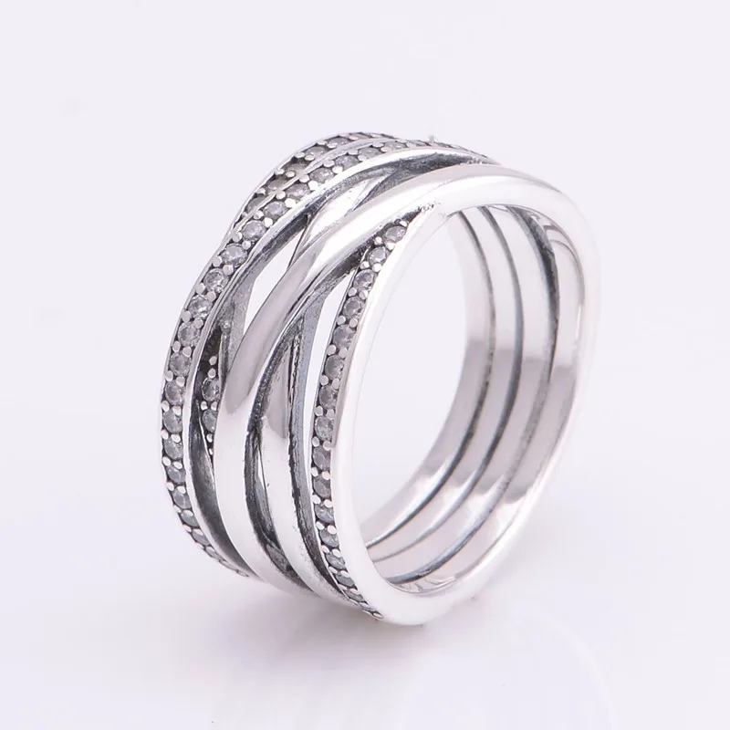Authentic 925 Sterling Silver classic lines intertwined rings with Cz Europe compatible charm for Women Jewelry