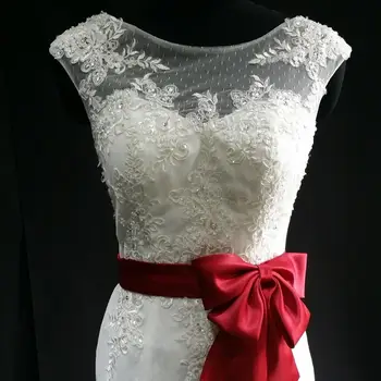 White Wedding Dress Red Satin Ribbon A Line Elegant Wedding Gown Red