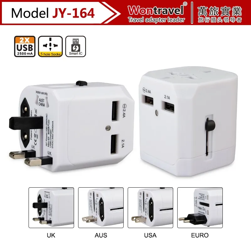 JY-164 Wontravel 5V 2500mA PC material Multiple Charger USB Universal Travel Adapter