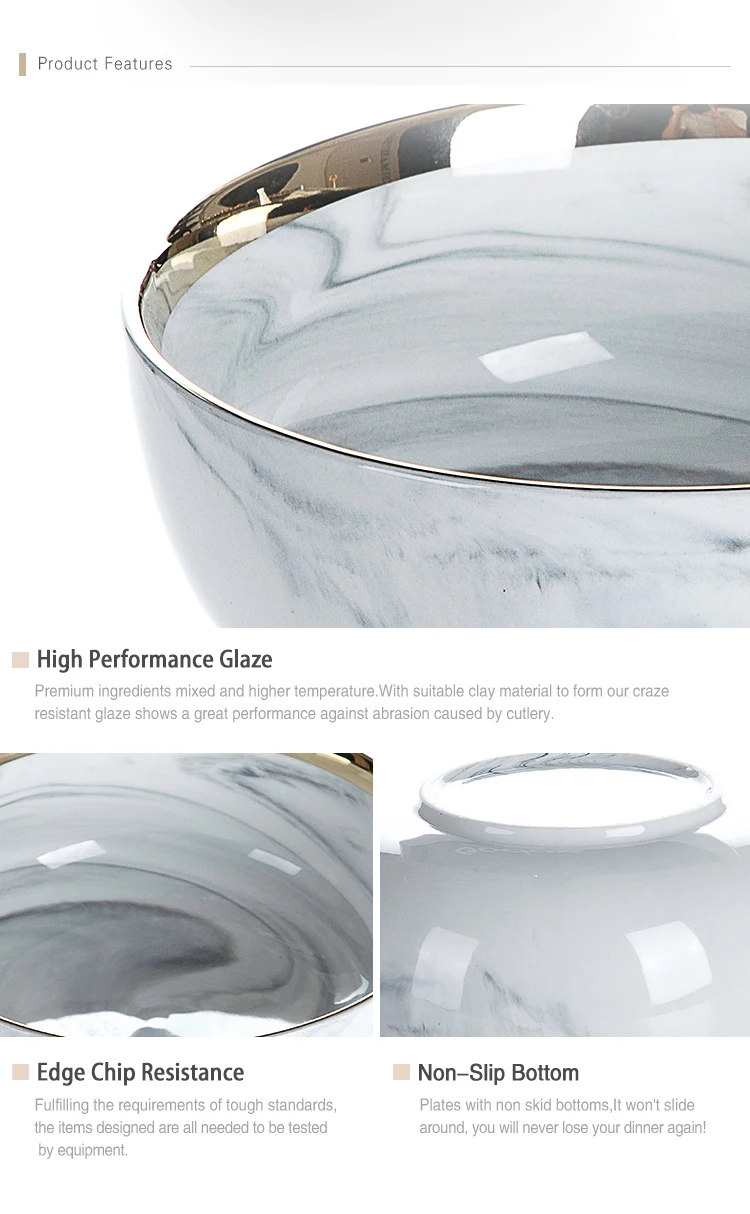 Hotel Supplies Gold Rim China Soup Bowl, Latest Product Gold Rim Grey Tableware Marble, Salad Bowl~