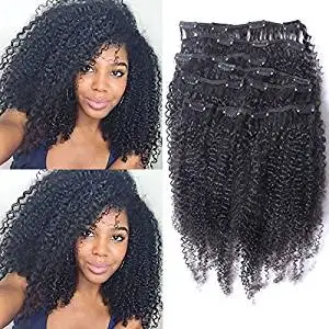 Foxys' Hair Brazilian Afro Kinky Curly Clip In Hair Extensions Virgin Human Hair Clip Ins Full Head 9Pcs/100g,200g/Set, Natural color 16 Inch