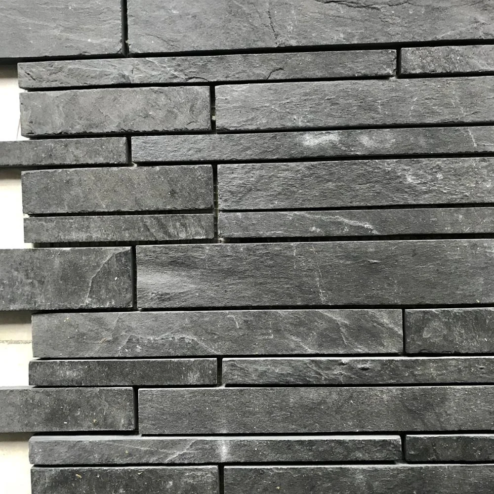Chinese natural split strip interlock black slate mesh mosaic wall tile and floor paver tiles
