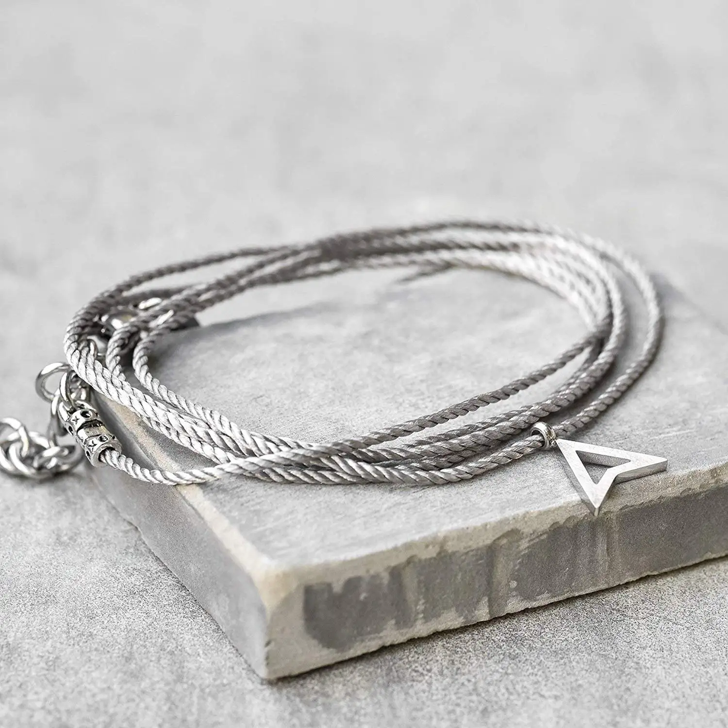 Handmade Wrap Gray Fabric Bracelet For Men Set With Stainless Steel Triangle Pendant By Galis Jewelry - Wrap Bracelet For Men - Black Bracelet For Men - Jewelry For Men