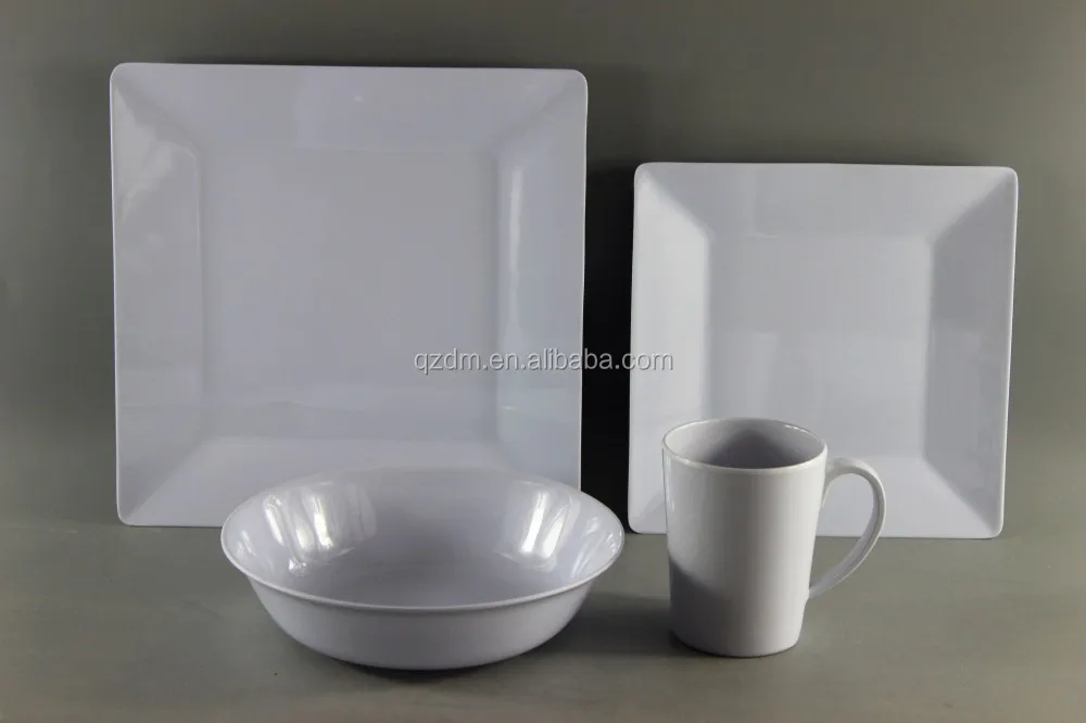 White Melamine Square Dinner Set 4 Pieces Plastic Square Table Ware Set