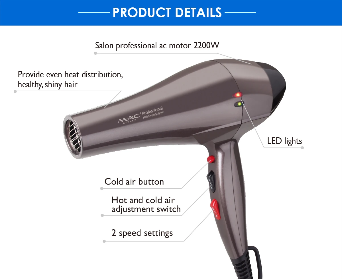 Hair Dryers Professional Blow Dryer Powerful Tourmaline Negative Ionic Hairdryers Light Weight