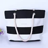 Zippered Large Beach Tote Bag MONOGRAM Black and White Cabana Striped Bag Rope Handles Pool Bag