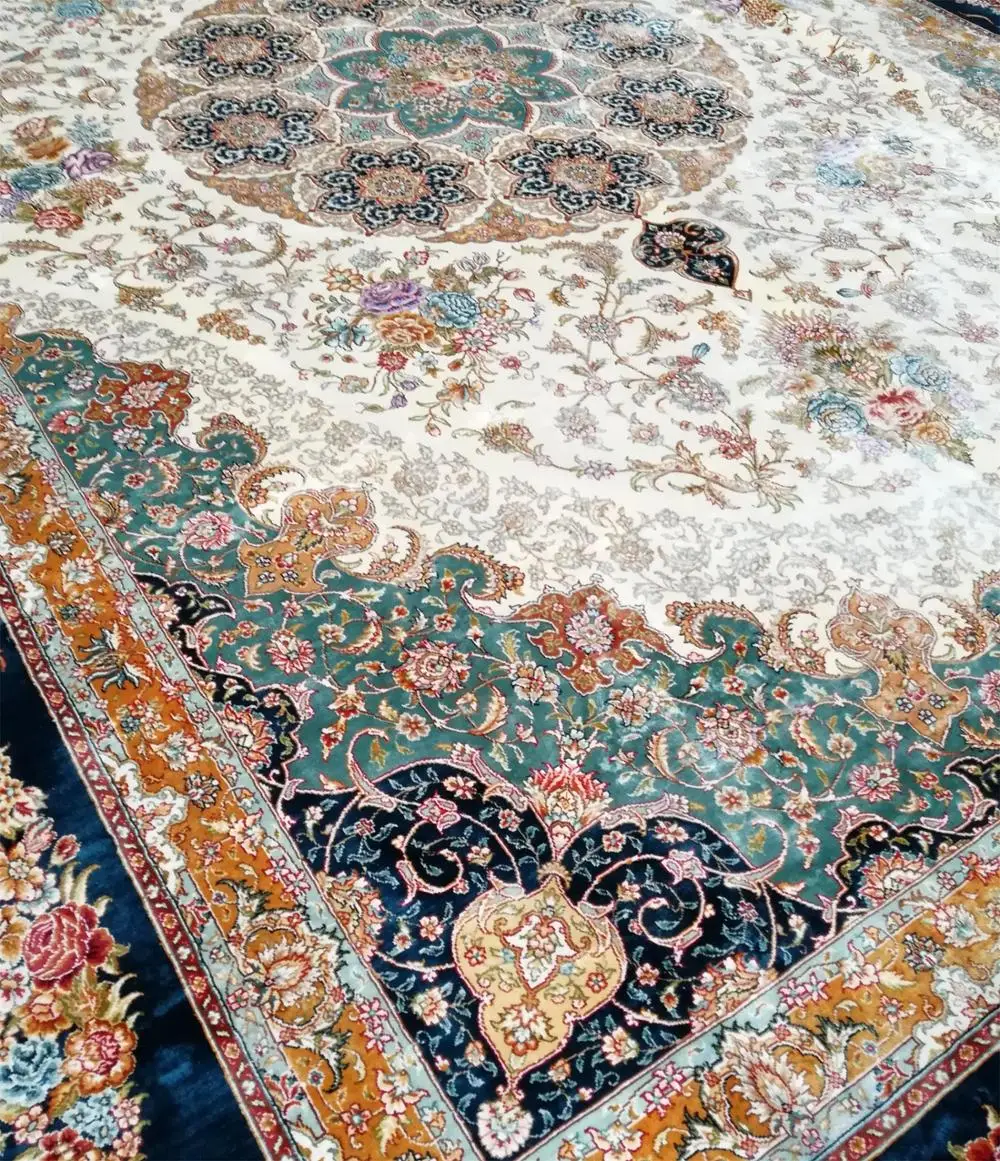 7x10 Feet Handmade Carpets Double Knots Silk Rug And Blue Flowery