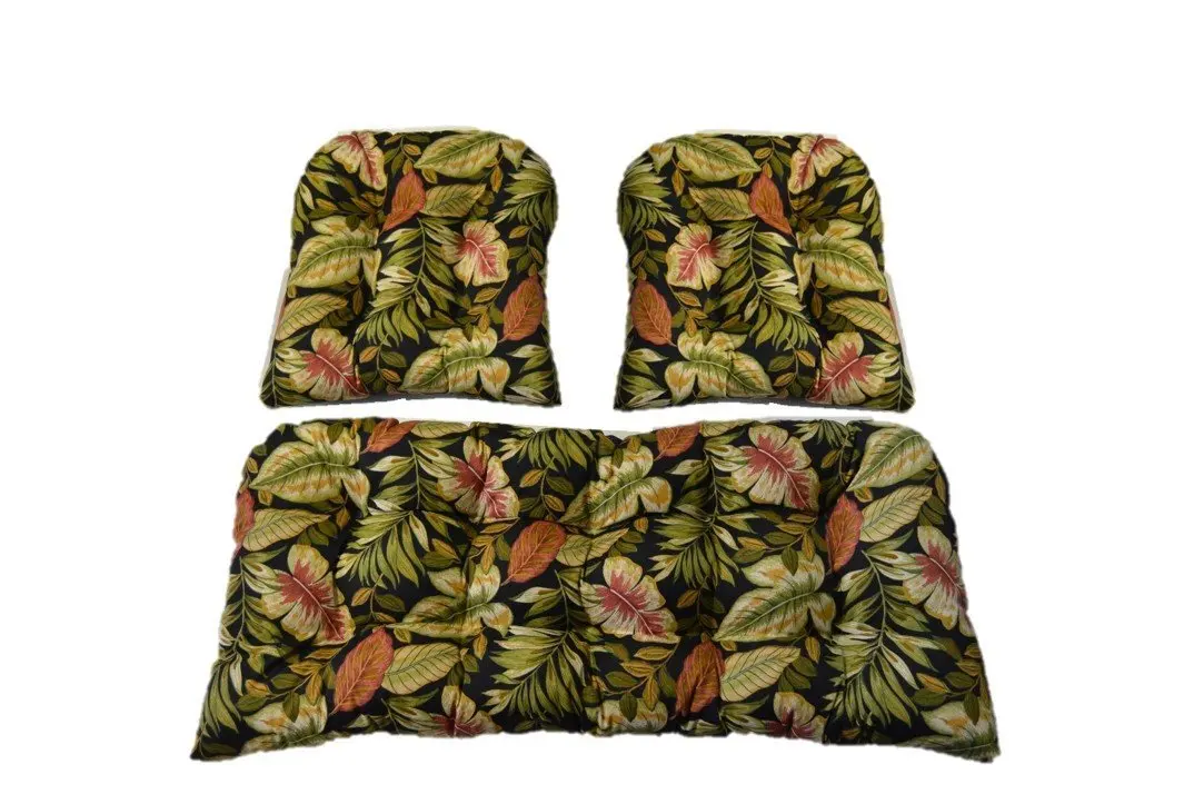 3 Piece Wicker Cushion Set - Indoor / Outdoor Twilight Black, Green, Burgundy Tropical Palm Leaf Cushion for Wicker Loveseat Settee & 2 Matching Chair Cushions