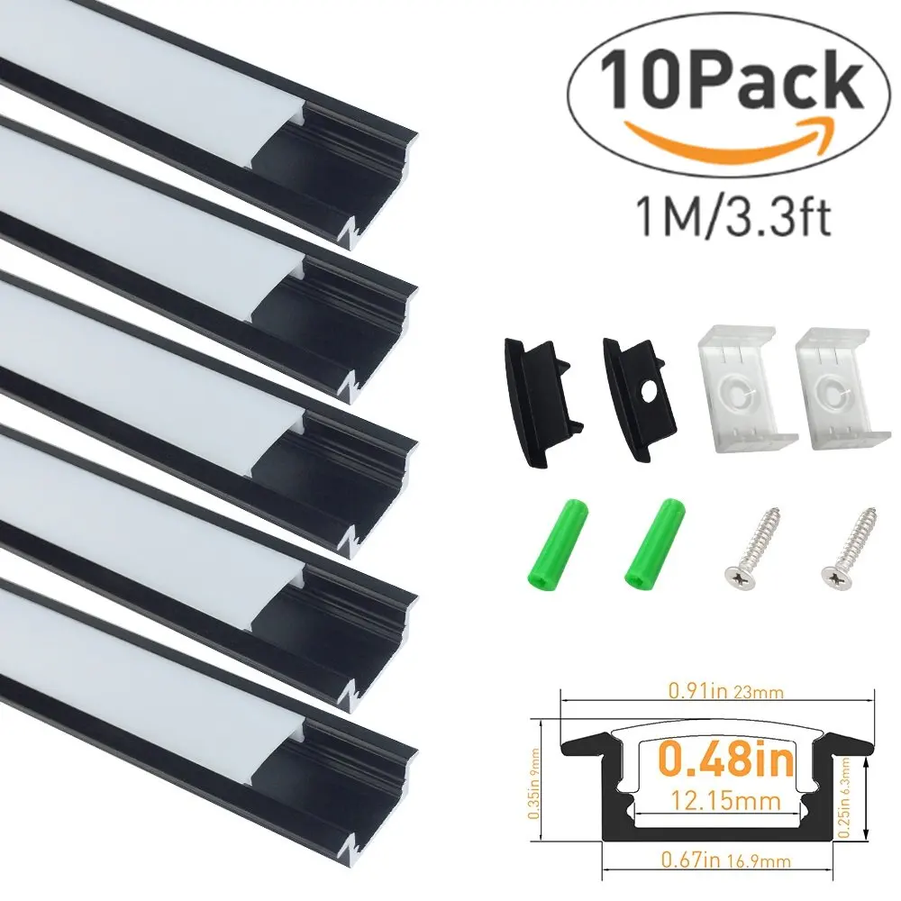 End Caps and Mounting Clips Aluminum Extrusion for LED Strip Light Installations-U01B5 LightingWill 5-Pack 3.3ft//1M 9x23mm Black U-Shape Internal Width 12mm LED Aluminum Channel System with Cover