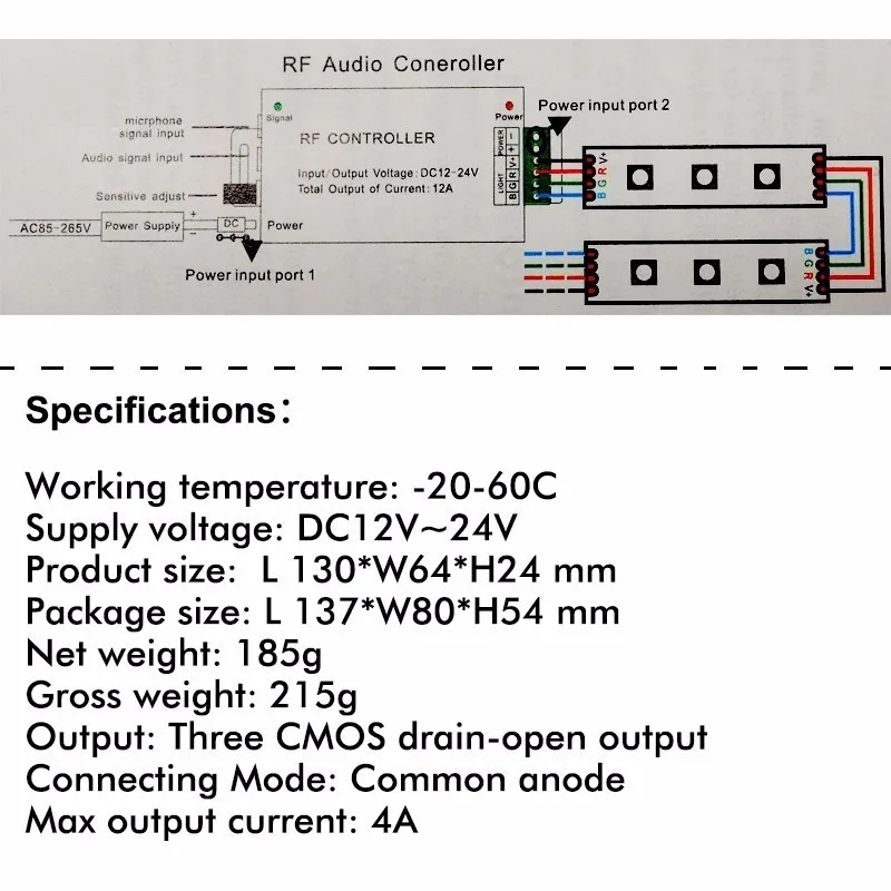 RGB DC12V 24V Audio Sound 12A Wireless Remote to Control Strip Light