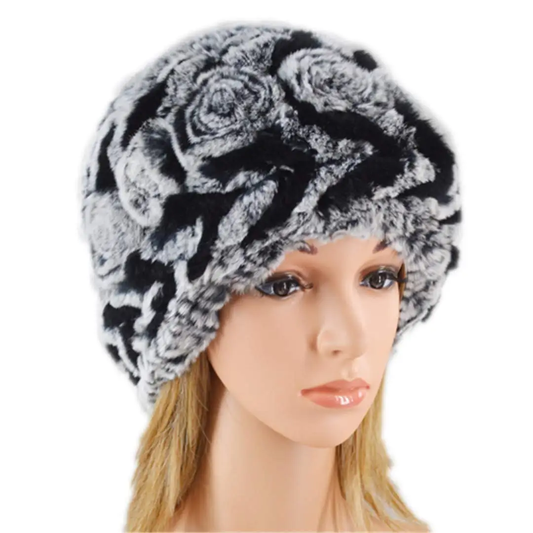 Cashent Good Elasticity Real Rex Rabbit Fur Hat Ladies Knit Rex Rabbit Fur Hat Winter Stripes Real Rex Rabbit Fur Hat