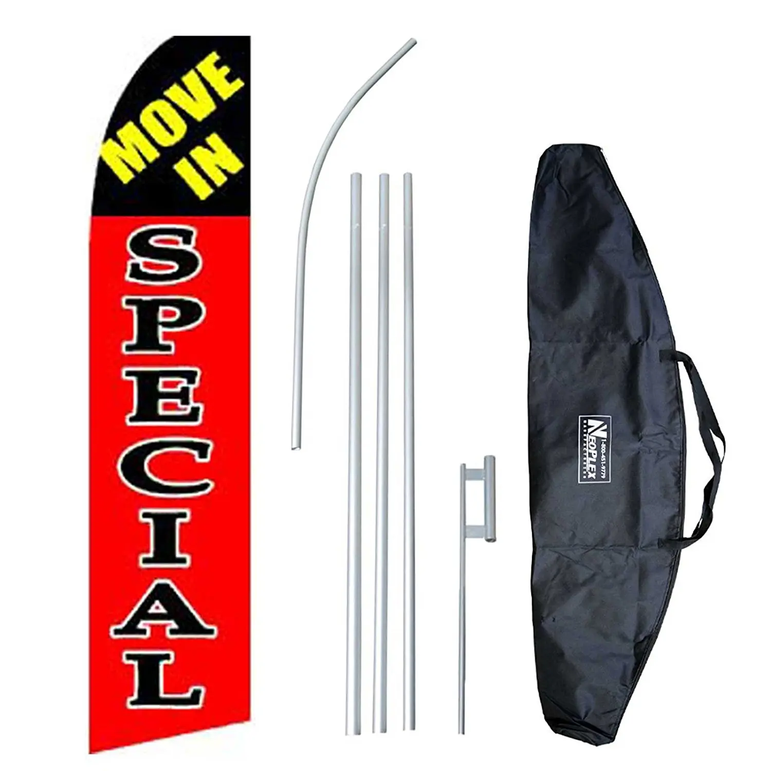 "Move In Special" 12-foot Swooper Feather Flag and Case Complete Set...includes 12-foot Flag, 15-foot Pole, Ground Spike, and Carrying/Storage Case