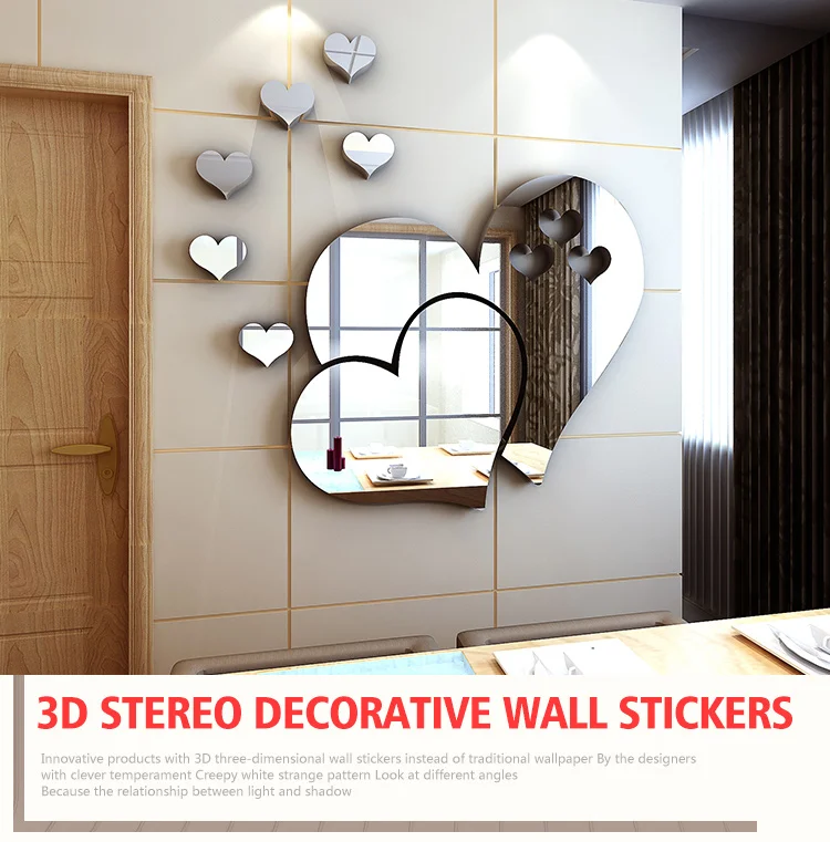 hot sale love heart Fashion adhesive removable sticker Customize heart shape 3d acrylic wall sticker
