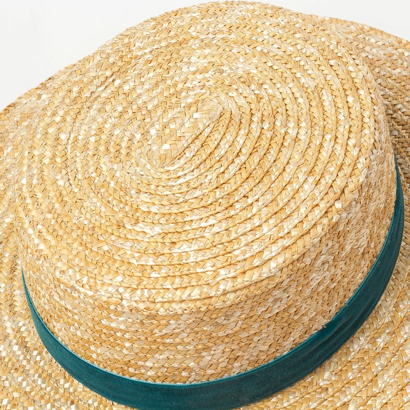 Custom High Quality Wheat Straw Boater Hat With Velvet Ribbon Bow Buy